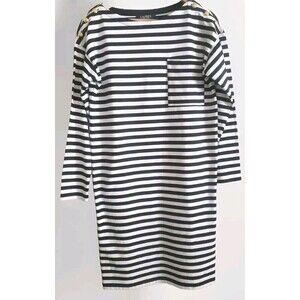 LRL Dress Womens Medium Black White Striped Gold Buttons Nautical 100% Cotton
